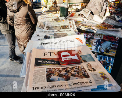 LISBON, PORTUGAL - FEB 10, 2018: Frankfurter Allgemeine Zeitung and Financial Times Weekend newspaper on kiosk in central Lisbon Stock Photo