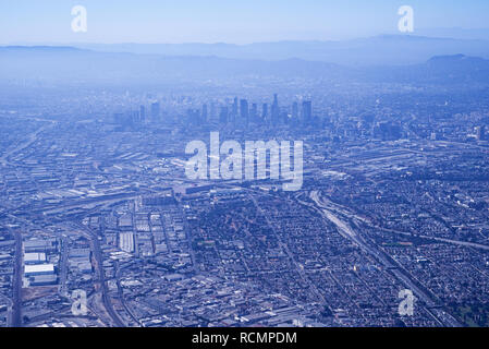 aerial view of downtown Los Angeles with air pollution from forest fires Stock Photo