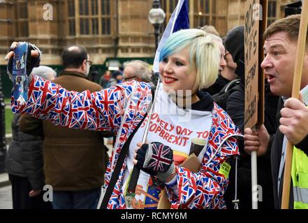 Madeleine Kay (Alba White Wolf) Pro EU Remainer with Brexiteer demonstrator, Pro and Anti Brexit protesters gathered outside Parliament on the day of Theresa May's meaningful vote. House of Parliament, Westminster, London. UK Stock Photo