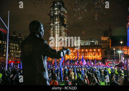 Westminster, London, UK, 15th Jan 2019. 'The People's Vote' rally is attended by protesters in Parliament Square. Nelson Mandela statue in the foreground. Pro and Anti Brexit protesters rally in Parliament Square and at the Houses of Parliament in Westminster ahead of and during the vote on Theresa May's Brexit deal. Credit: Imageplotter News and Sports/Alamy Live News Stock Photo