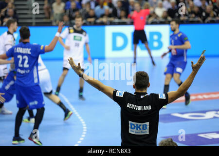 Berlin, Germany. 15th January, 2019.Germany coach Christian Prokop claims a refusal to play by Team France Credit: Mickael Chavet/Alamy Live News Stock Photo