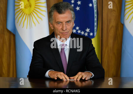 Brasilia, Brazil. 16th January, 2019. Visit of the President of Argentina - Mauricio Macri, President of Argentina, on Wednesday, January 16, during a visit by Mauricio Macri, President of Argentina, to Jair Bolsonaro, President of the Republic, held in the Planalto Palace. Photo: Mateus Bonomi / AGIF Stock Photo