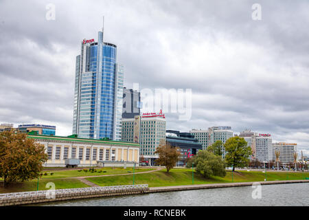 Minsk, Belarus - Οctober 4, 2018: View of the city of Minsk from the embankment of the Svisloch River Stock Photo