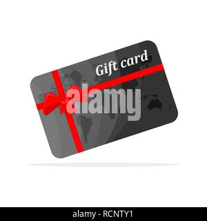 Gift card with red bow and ribbons. Vector illustration. Gift card, isolated on white background Stock Vector