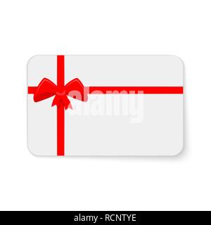 Gift card with red bow and ribbons. Vector illustration. White gift card, isolated on white background Stock Vector