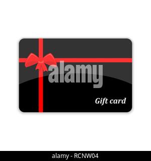 Gift card with red bow and ribbons. Vector illustration. Black gift card, isolated on white background Stock Vector