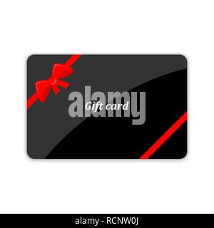 Gift card with red bow and ribbons. Vector illustration. Black gift card, isolated on white background Stock Vector