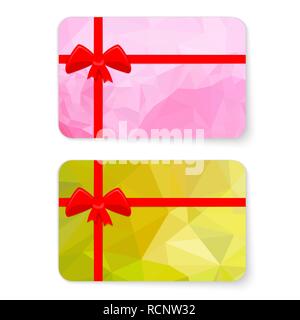 Gift card with red bow and ribbons. Vector illustration. Gift card with geometric polygonal background Stock Vector