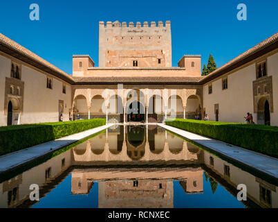 Court of the Myrtles with water pool reflections, Nasrid Palace, Alhambra Palace, Granada, Andalusia, Spain Stock Photo