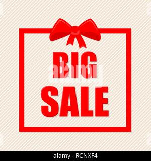 Big Sale text with a red frame and gift bow. Vector illustration. Red gift frame with bow on white background. Stock Vector