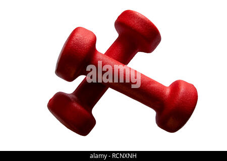 Two red rubber or plastic coated fitness dumbbells isolated on white background Stock Photo