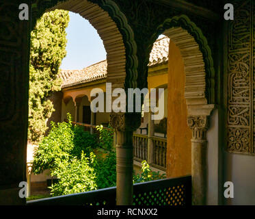 Balcony around Daraxas Garden courtyard,  Nasrid Palace, Alhambra Palace, Granada, Andalusia, Spain Stock Photo