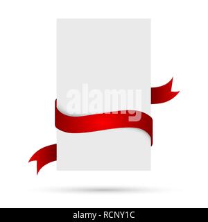 White banner with red ribbon. Vector illustration. Blank paper card isolated with shadow Stock Vector