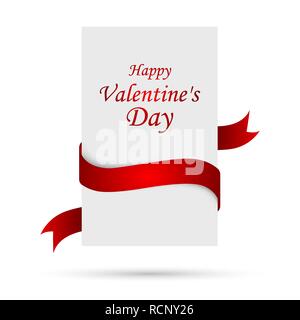 White banner with red ribbon. Vector illustration. Happy Valentine's Day, greeting card isolated Stock Vector