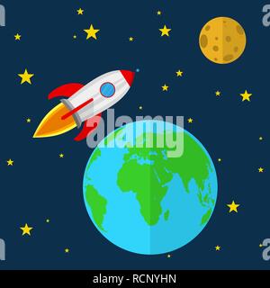 Rocket flies through in space. Vector illustration. Spacecraft, Earth and Moon Stock Vector