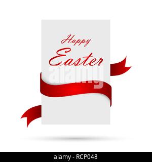 Easter greeting card with red ribbon. Vector illustration. Festive greeting postcard with the inscription Happy Easter Stock Vector