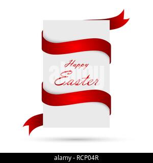 Easter greeting card with red ribbon. Vector illustration. Festive greeting postcard with the inscription Happy Easter Stock Vector