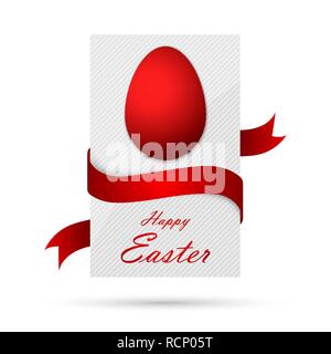 Easter greeting card with red ribbon and egg. Vector illustration. Festive greeting postcard with the inscription Happy Easter Stock Vector