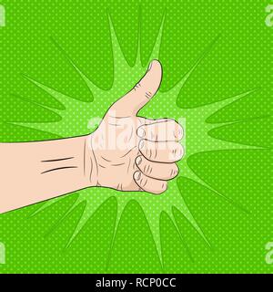 Hand with the thumb lifted up, on the pop art retro background. Vector illustration. Human hand giving ok. Stock Vector