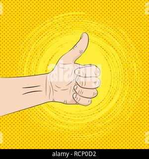 Hand with the thumb lifted up, on the pop art retro background. Vector illustration. Human hand giving ok. Stock Vector