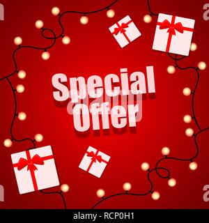 Special offer, abstract red banner with a gift boxes. Vector illustration. Big Sale offer poster Stock Vector