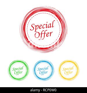 Special offer, set of a circles in the grunge style. Vector illustration. Sale banners isolated in flat design Stock Vector