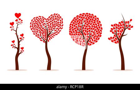 Tree with leaves in the shape of the heart. Vector illustration. Set of abstract love tree isolated Stock Vector