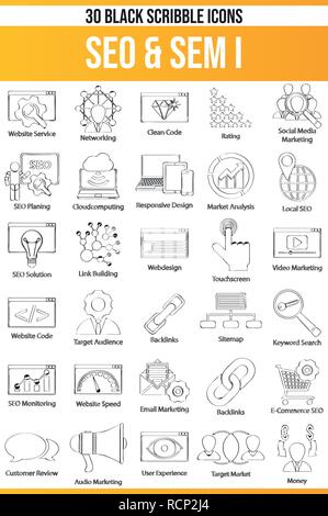 Black pictograms / icons on SEO. This icon set is perfect for creative people and designers who need the theme SEM in their graphic designs. Stock Vector