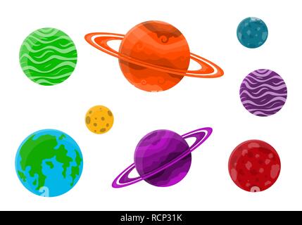 Set of cartoon planets in flat design. Vector illustration. Space planets isolated. Stock Vector