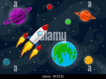 Space pattern with planets, stars and rocket. Vector illustration. Cartoon space background in flat design. Stock Vector