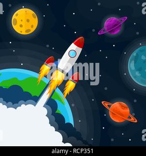 Space pattern with planets, stars and rocket. Vector illustration. Cartoon space background in flat design. Stock Vector