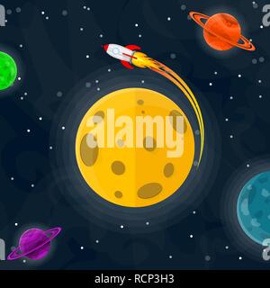 Space pattern with planets, stars and rocket. Vector illustration. Cartoon space background in flat design. Stock Vector