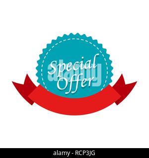 Special offer label with red ribbon in flat design. Vector illustration. Special offer label isolated on white background Stock Vector