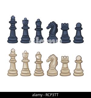 Set of chess figures in flat design. Vector illustration. White and black chess pieces, isolated on white background Stock Vector