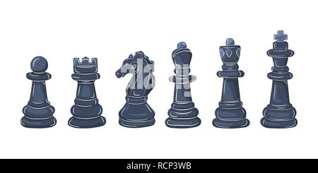 Set of chess figures in flat design. Vector illustration. Black chess pieces, isolated on white background Stock Vector