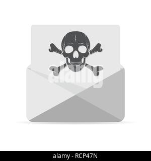 Mail spam icon in flat design. Vector illustration. Gray open envelope with skull and bones on paper sheet document symbol Stock Vector
