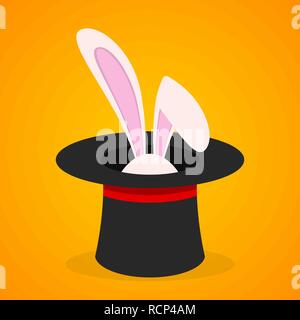 Easter background with rabbit in the magic hat. Vector illustration. Magic trick with rabbit in black cylinder hat Stock Vector