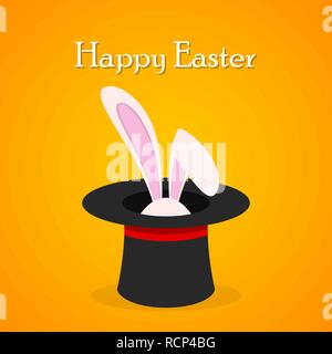 Easter background with rabbit in the magic hat. Vector illustration. Magic trick with rabbit in black cylinder hat Stock Vector