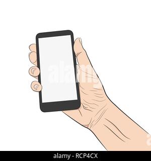 Phone in the hand in flat design. Vector illustration. Cartoon hand with smart phone Stock Vector