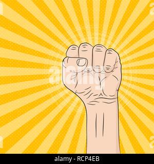 A pop art cartoon fist in flat design. Vector illustration. Pop art fist up, on bright rays background Stock Vector