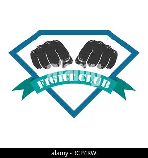 Fight club emblem with two fists and ribbon in flat design. Vector illustration. Fight club logo on white background Stock Vector