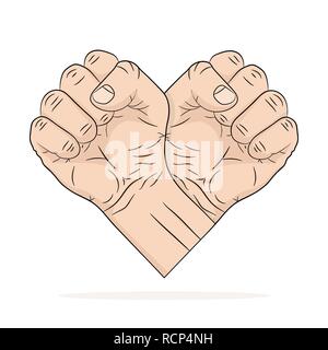 Two Fists in the shape of the heart. Vector illustration. Abstract logo in flat pop art design, on white background Stock Vector
