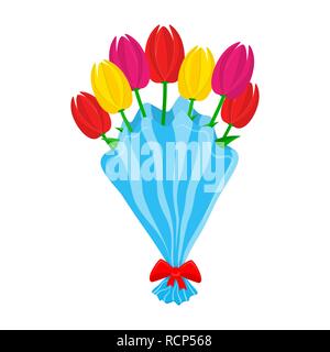 Bouquet of colorful tulips in flat design. Vector illustration. Bouquet of seven tulips, isolated on white background Stock Vector