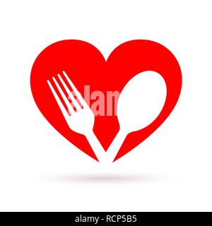 Healthy food icon in flat design. Vector illustration. Fork and spoon in heart shape, isolated Stock Vector