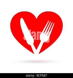 Healthy food icon in flat design. Vector illustration. Fork and knife in heart shape, isolated Stock Vector