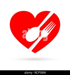 Healthy food icon in flat design. Vector illustration. Fork and spoon in heart shape, isolated Stock Vector