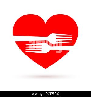 Healthy food icon in flat design. Vector illustration. Two forks in the shape of the red heart, isolated Stock Vector