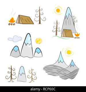Mountains, tent and bonfire in flat linear design. Camping concept. Vector illustration. Travel and Tourism concept. Stock Vector