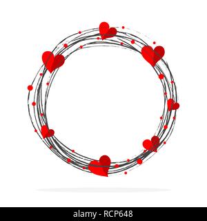 Hand-drawn scribble circle shape with red hearts. Vector illustration. Black grunge circle of the Women's Day Stock Vector