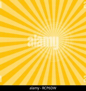 Bright sunbeams background with yellow dots. Abstract background with halftone dots design. Vector illustration. Stock Vector